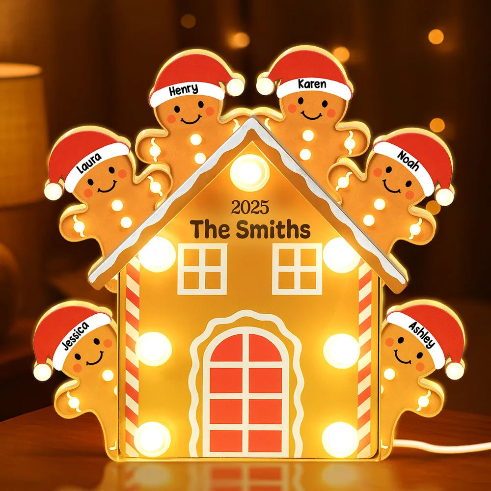 Custom Family Acrylic Light Box Lamp with Gingerbread House and Warm Glow, Festive Bedroom Light and Heartfelt Christmas Gift