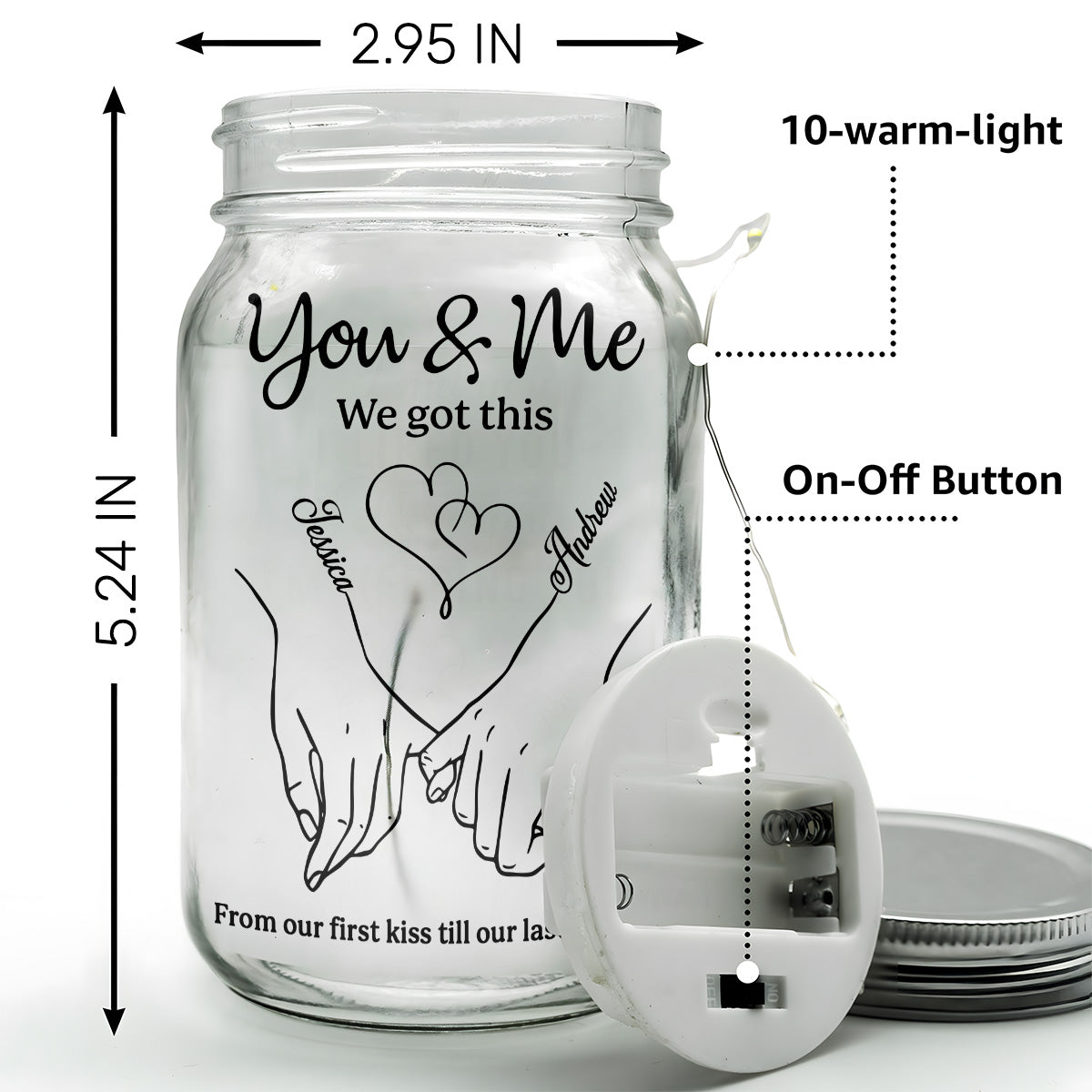 Personalized Glass Mason Jar Light for Couples with Hand-Holding Art, You & Me Romantic Quote, Unique Anniversary Gift