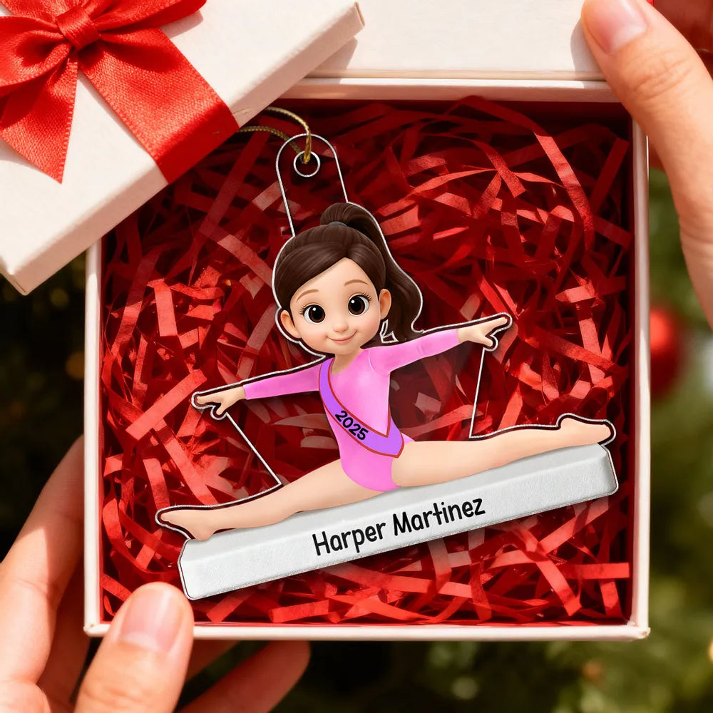 Personalized Acrylic Ornament Cute Cartoon Gymnast in Split Pose, Pink Leotard Keepsake, Unique Gift for Gymnast