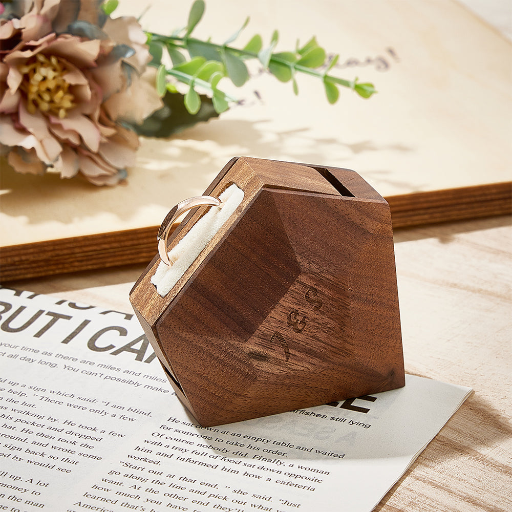 Custom Initial And Text - Personalized Initial Wooden Rotating Ring Box