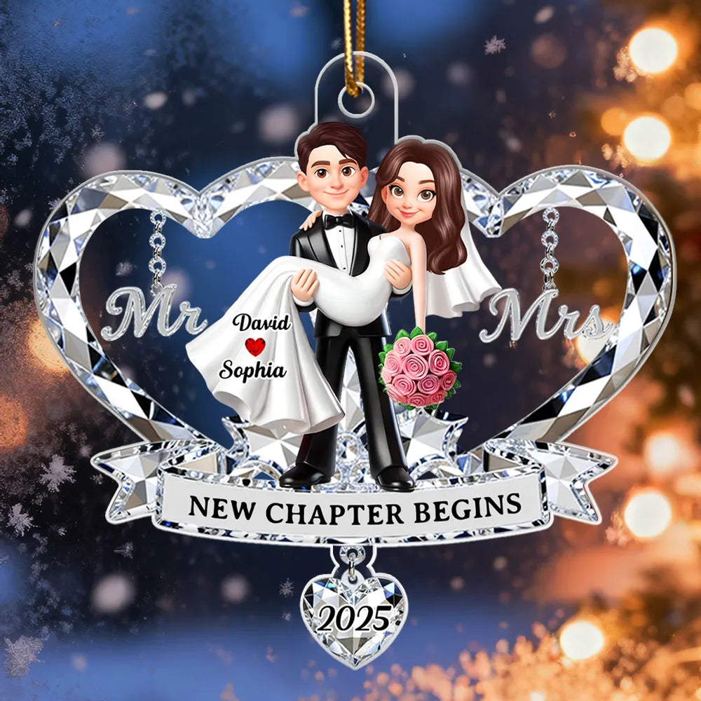 Personalized Acrylic Ornament for Couple, Mr & Mrs Bride in Groom's Arms, Christmas Tree Keepsake Unique Gift