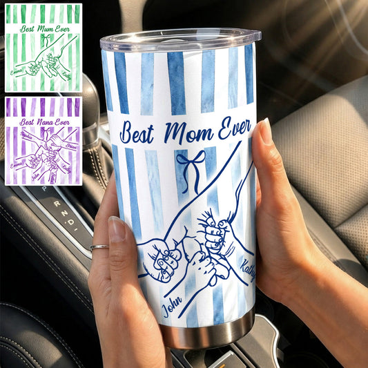 Best Mom Ever Hands Holding Retro Pastel Stripes - Personalized Mother Tumbler