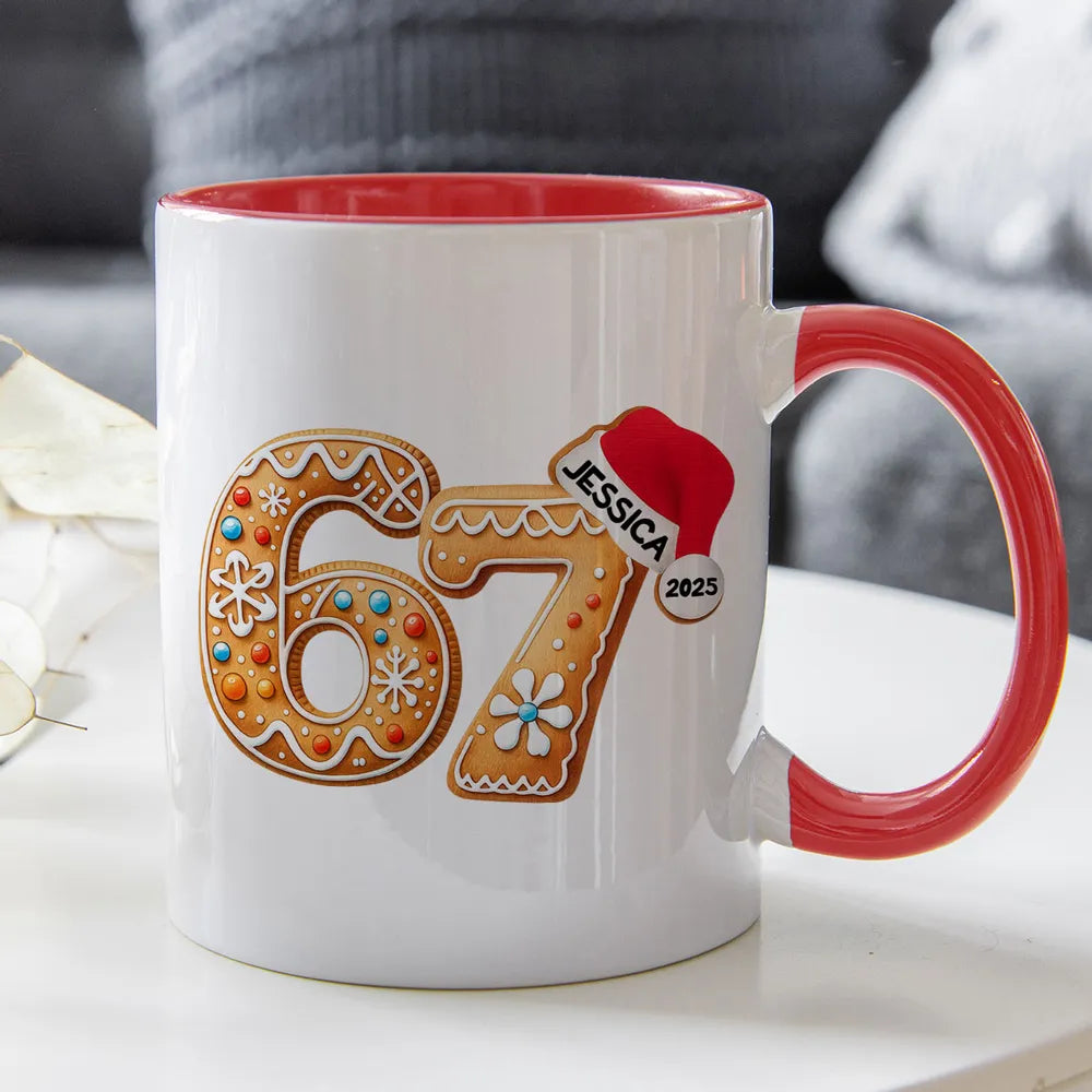 Personalized “67” Christmas Mug with Cute Cookie Design, Custom Name Holiday Gift for Kids, Teens & Grandkids