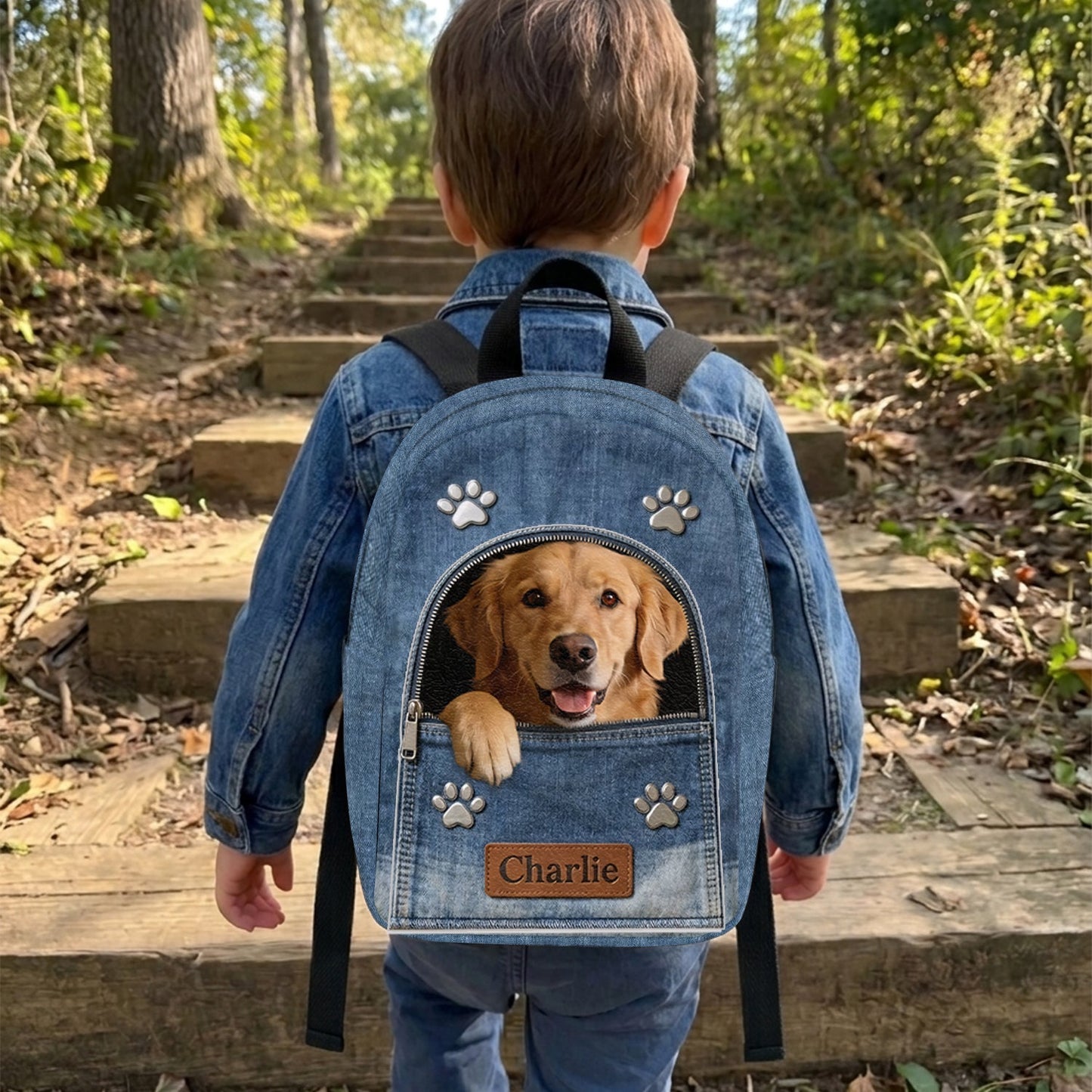 Any Photo Personalized Denim Dog Backpack - Personalized Dog Changeable Leather Patch Backpack