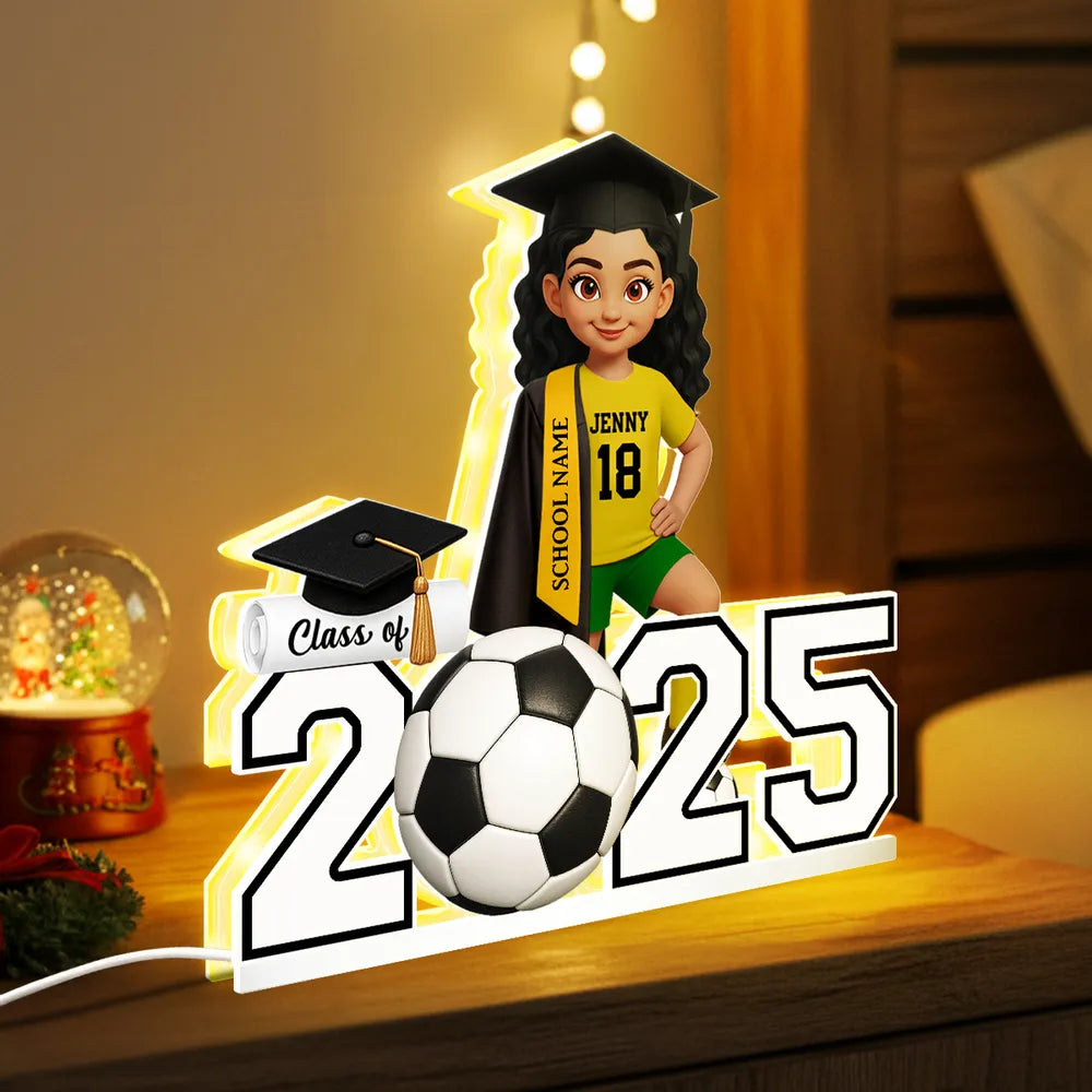Custom Class Acrylic Light Box with Graduation Cap and Soccer Theme, Warm Atmosphere Lamp for Bedroom or Bookshelf, Memorable Gift