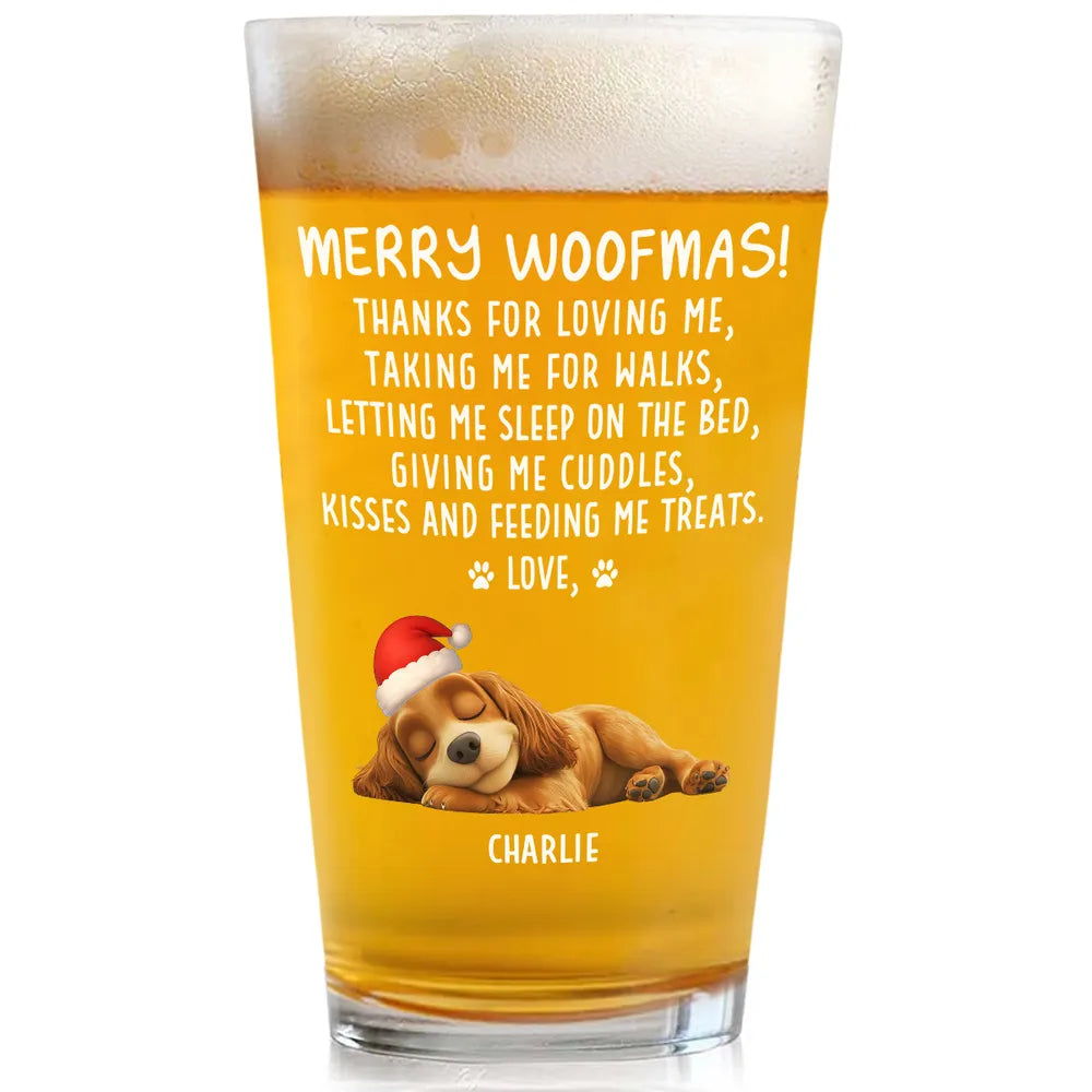 Merry Woofmas Beer Glass with cute dog print, fun holiday gift for dog owners and pet lovers