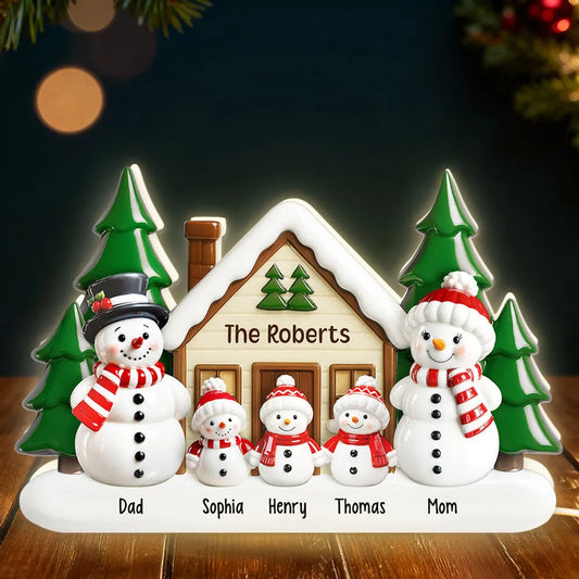 Acrylic Light Box Snowman Family Cabin, Warm Glow Christmas Decor, Custom Design, Unique Gift for Grandparents