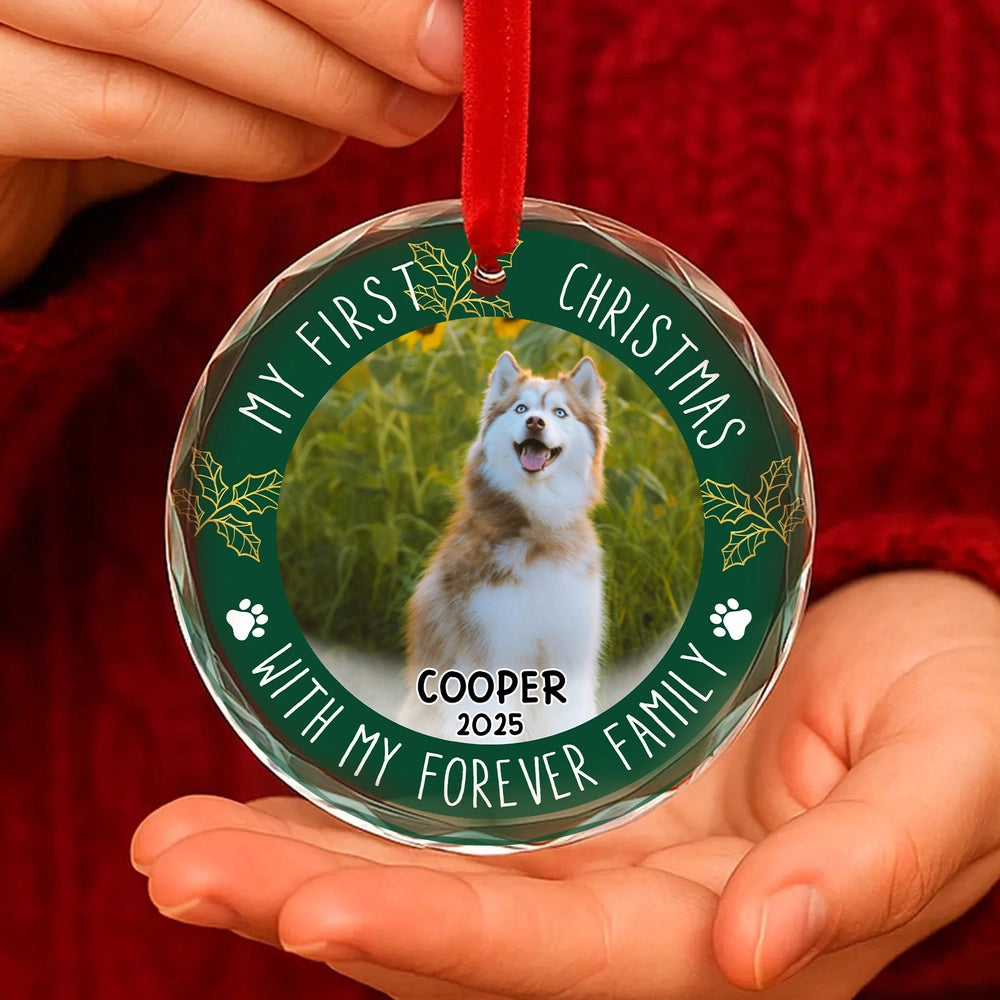 Crystal Ornament with Pet Photo, My First Christmas Circle Design in Green Holly, a Unique Gift for Pet Parents