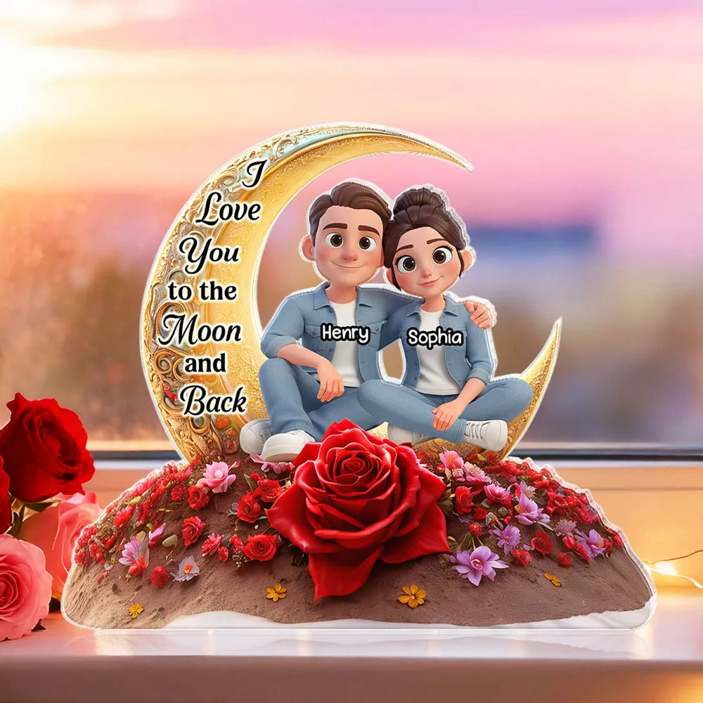 Personalized Shaped Acrylic Block Plaque Moon & Rose Couple Sitting by the Sea Unique Romantic Gift for Him or Her
