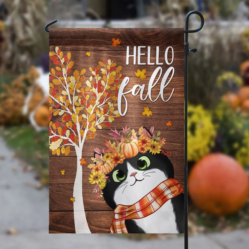 Fall Garden Flag, Cute Cats with Pumpkin Floral Crown and Cozy Autumn Vibes for Outdoor Decoration