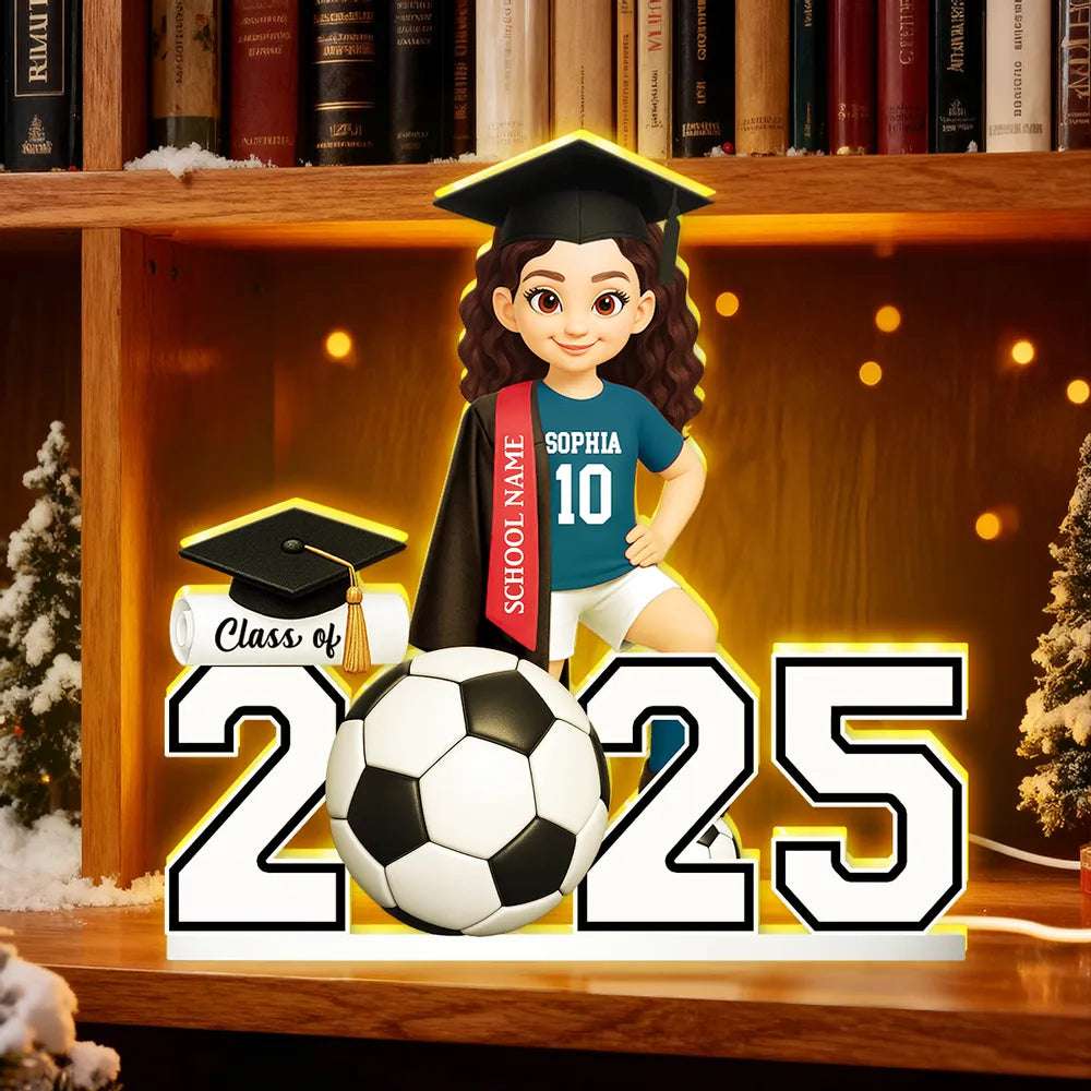 Custom Class Acrylic Light Box with Graduation Cap and Soccer Theme, Warm Atmosphere Lamp for Bedroom or Bookshelf, Memorable Gift
