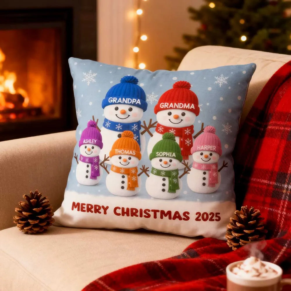 Square Pillow with Cute Snowman Family, plush velvet feel, festive room accent and creative gift for Grandma & Grandpa
