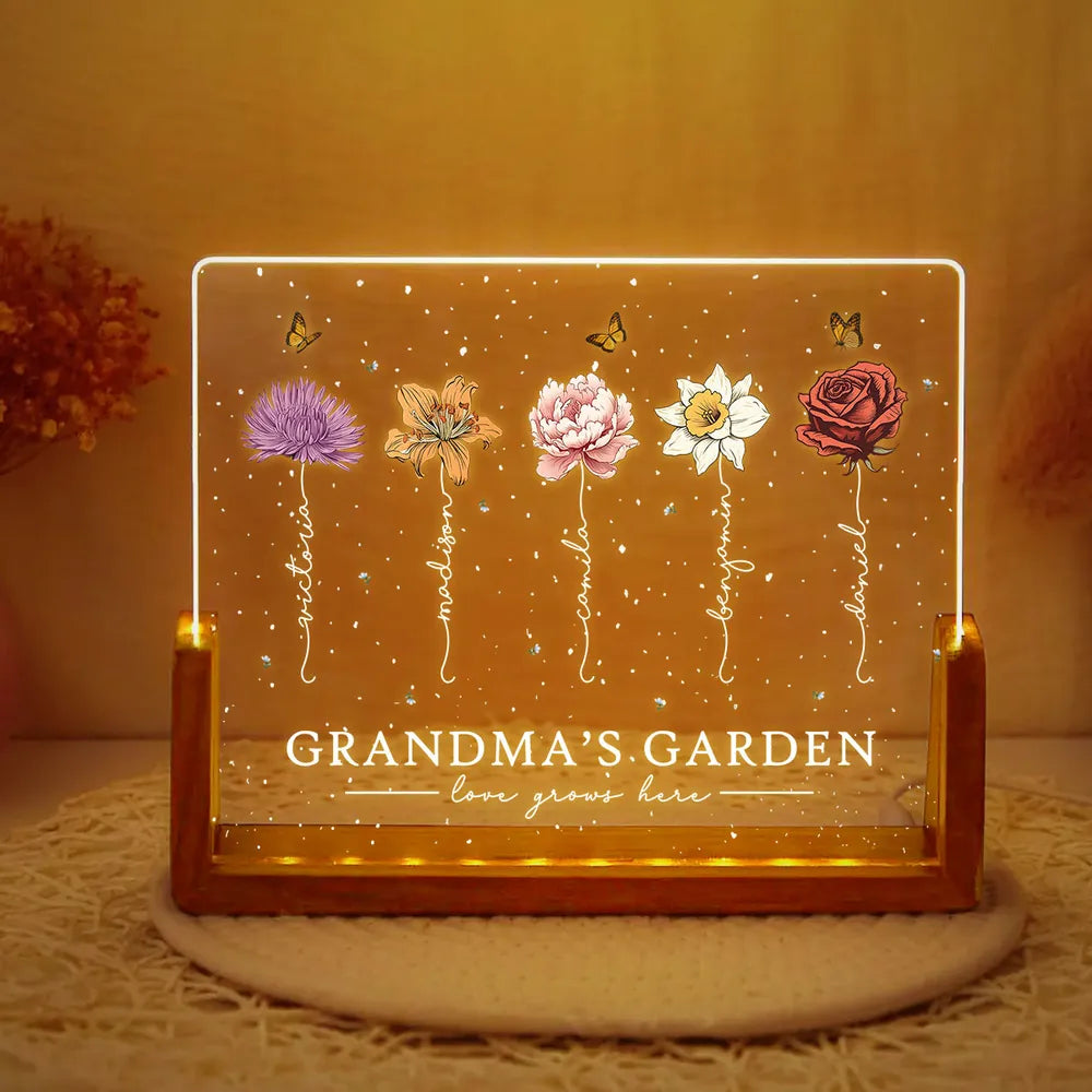 Custom LED Frame Poster - Birth Month Flower Art with Grandkids' Names