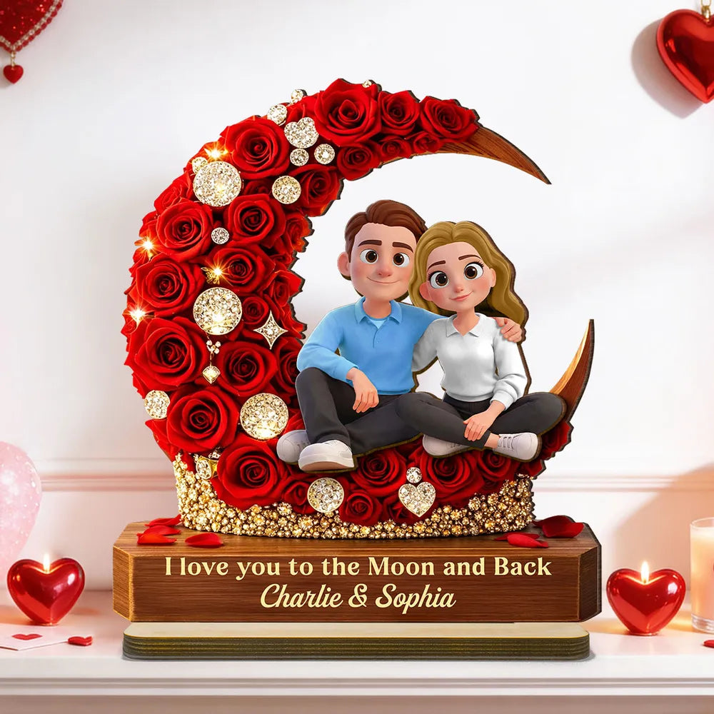 2-Layer Wooden Plaque Custom Couple on Red Rose Crescent Moon Sweet I Love You to the Moon and Back Keepsake Gift for Her or Him