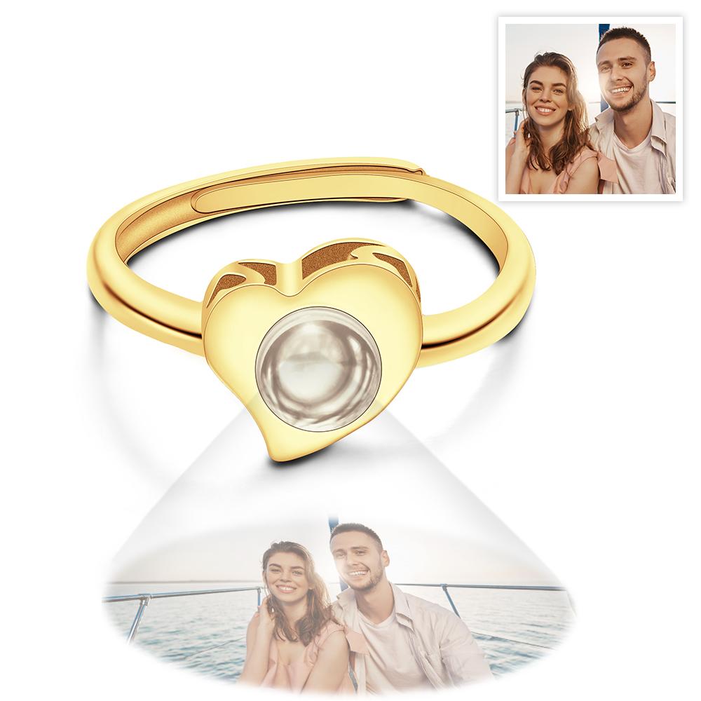 I Love You - Personalized Couple Silver Heart-shaped Photo Projection Open Ring