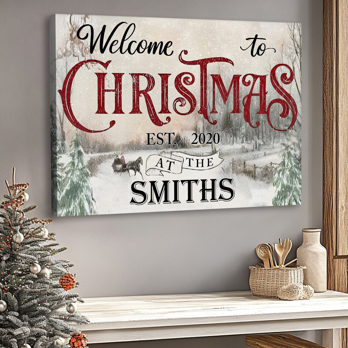 Custom Christmas Welcome Poster, Snowy Horse-Drawn Landscape Wall Decor, Heartwarming Holiday Keepsake, Creative Family Gift for Any Home