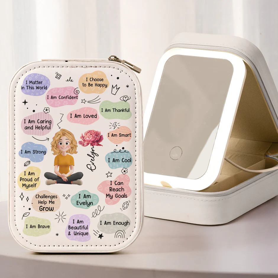 Custom LED Makeup Case with Cartoon Portrait & Positive I Am Quotes – Unique Personalized Makeup Box, Uplifting Gift for Daughter or Friend