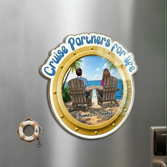 Personalized Cruise Partners for Life Acrylic Fridge Magnet, Beach Couple Holding Hands, Unique Gift for Husband or Wife