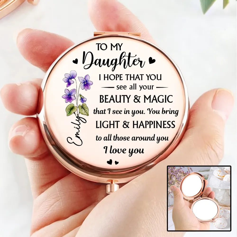 Personalized Metal Compact Mirror for Daughter, Beauty & Magic Quote with Floral Art, Unique Gift for Everyday Smiles