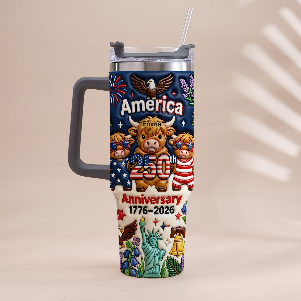 Cute Highland Cow America 250th Anniversary - Personalized Highland Cow Tumbler With Handle