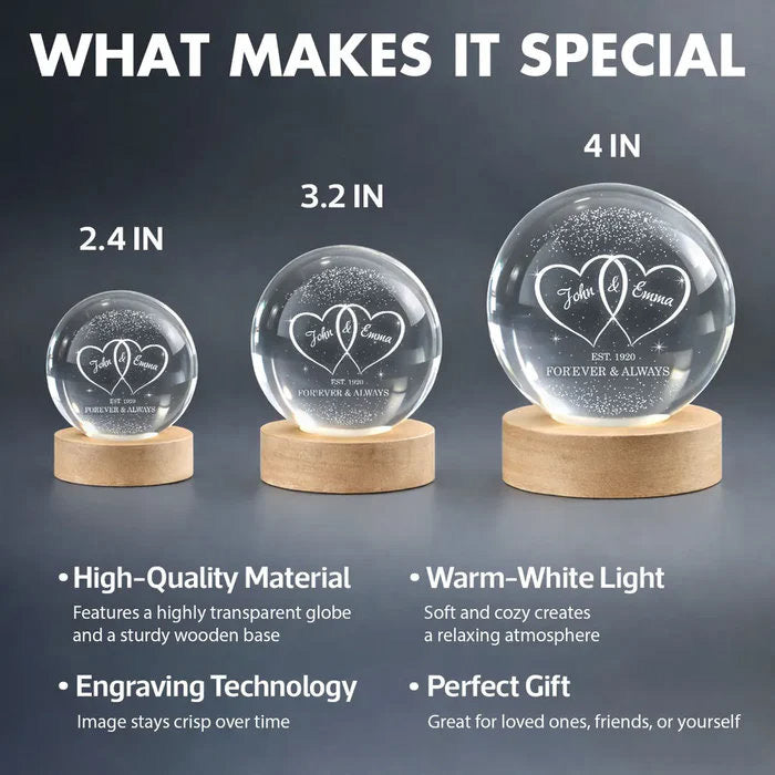 Personalized Globe Lamp with Interlocked Hearts, Romantic Bedside Glow, Unique Couple Gift for Her or Him