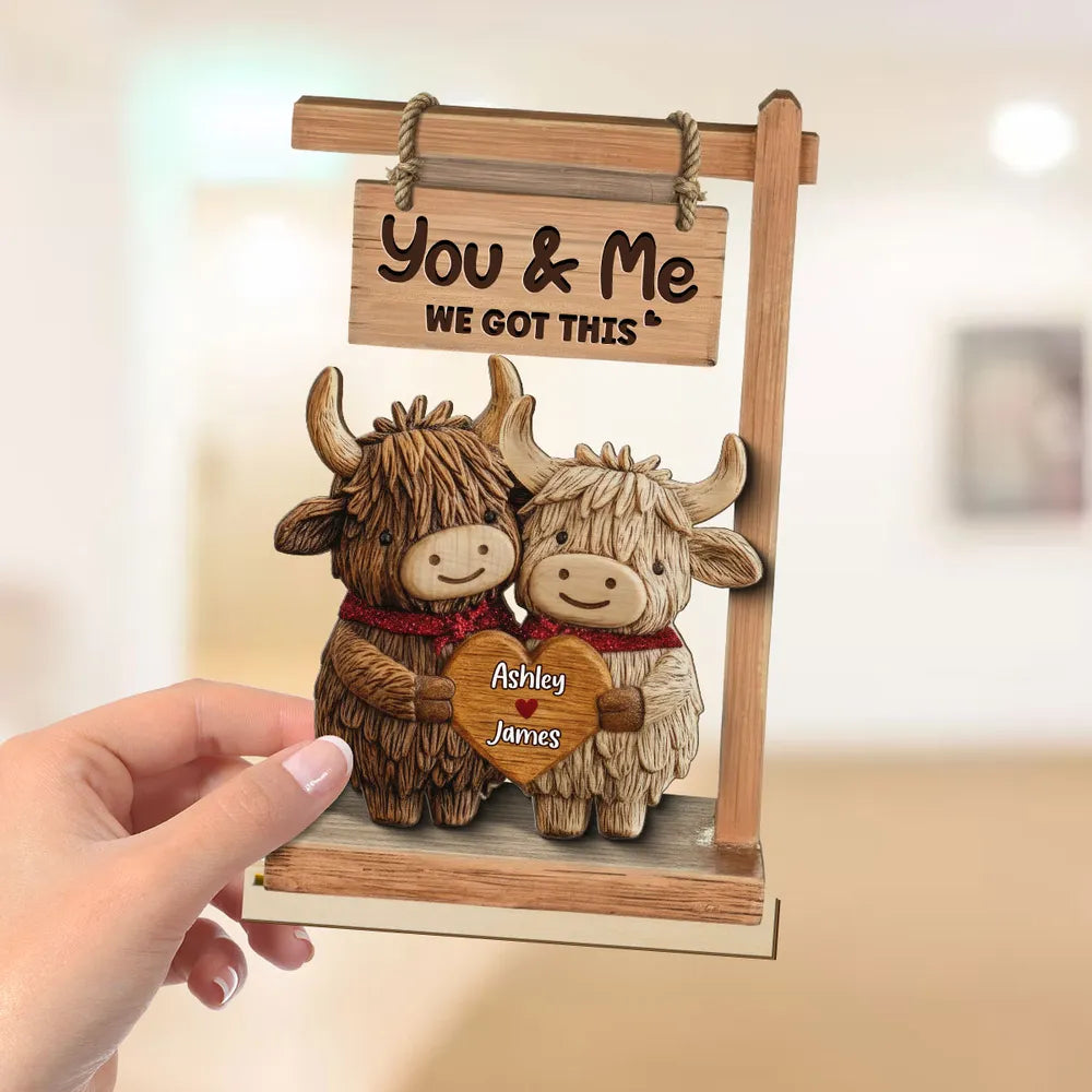 You & Me We Got This 2-Layer Wooden Plaque, Personalized Heart Name Sign with Adorable Cows, Unique Romantic Gift for Couples