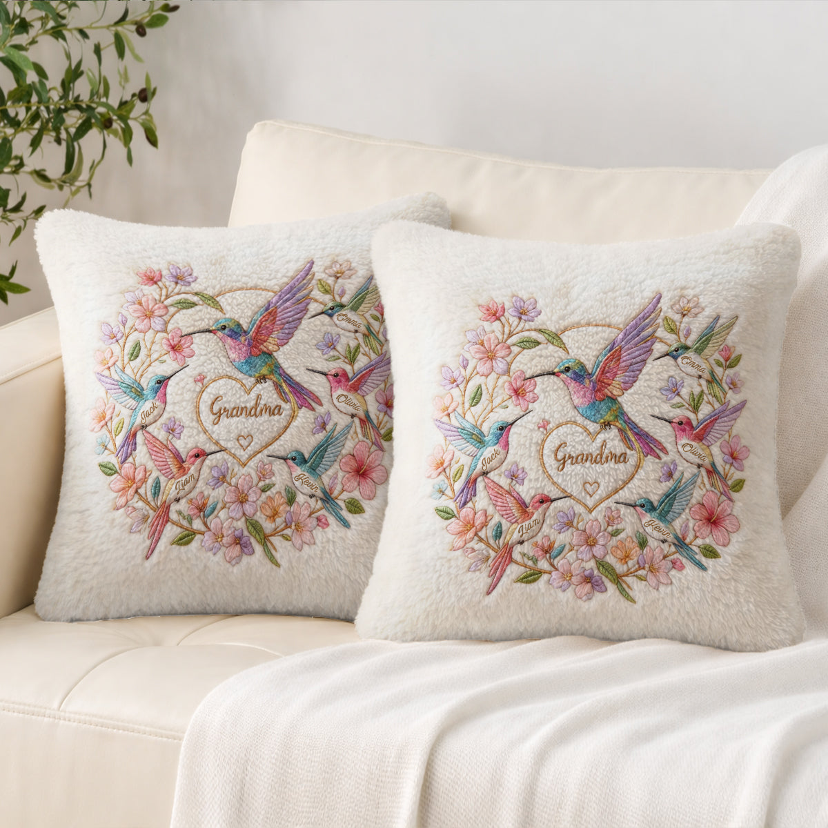 Hummingbird Nana - Personalized Grandma Faux Fur Square Pillow