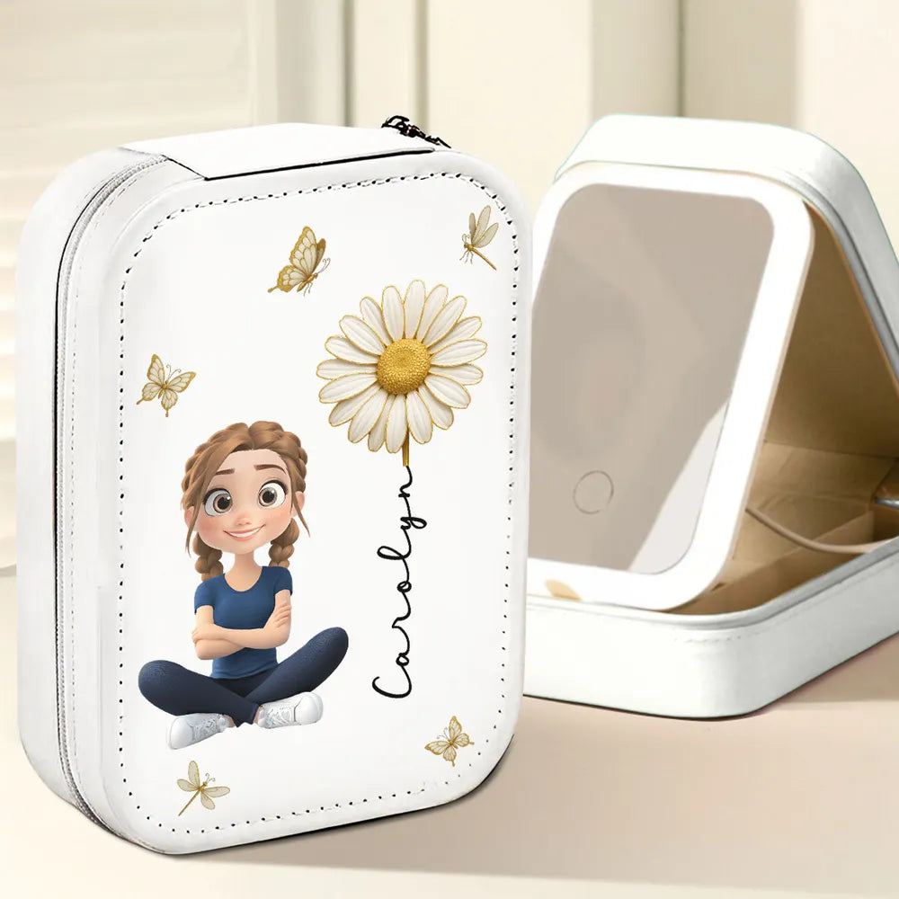 Leather LED Makeup Case - Cute Sitting Cartoon Girl Design, Travel-Ready Mirror, a Unique Gift for Daughter or Best Friend