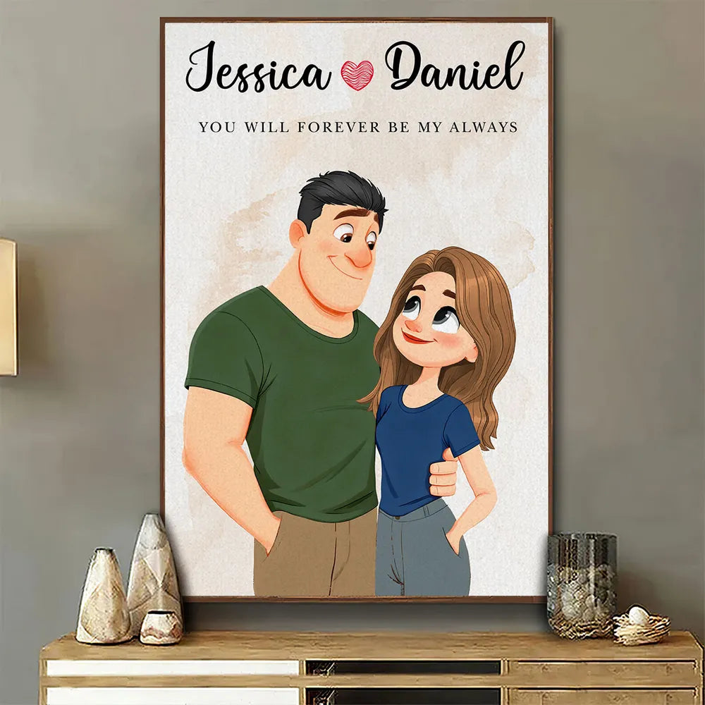 Personalized Couple Cartoon Poster With Names, Hugging Illustration, Always And Forever Wall Decor, Unique Gift for Couples