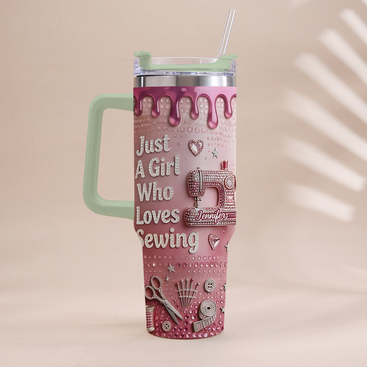 Just A Girl Who Loves Sewing - Personalized Sewing Tumbler With Handle