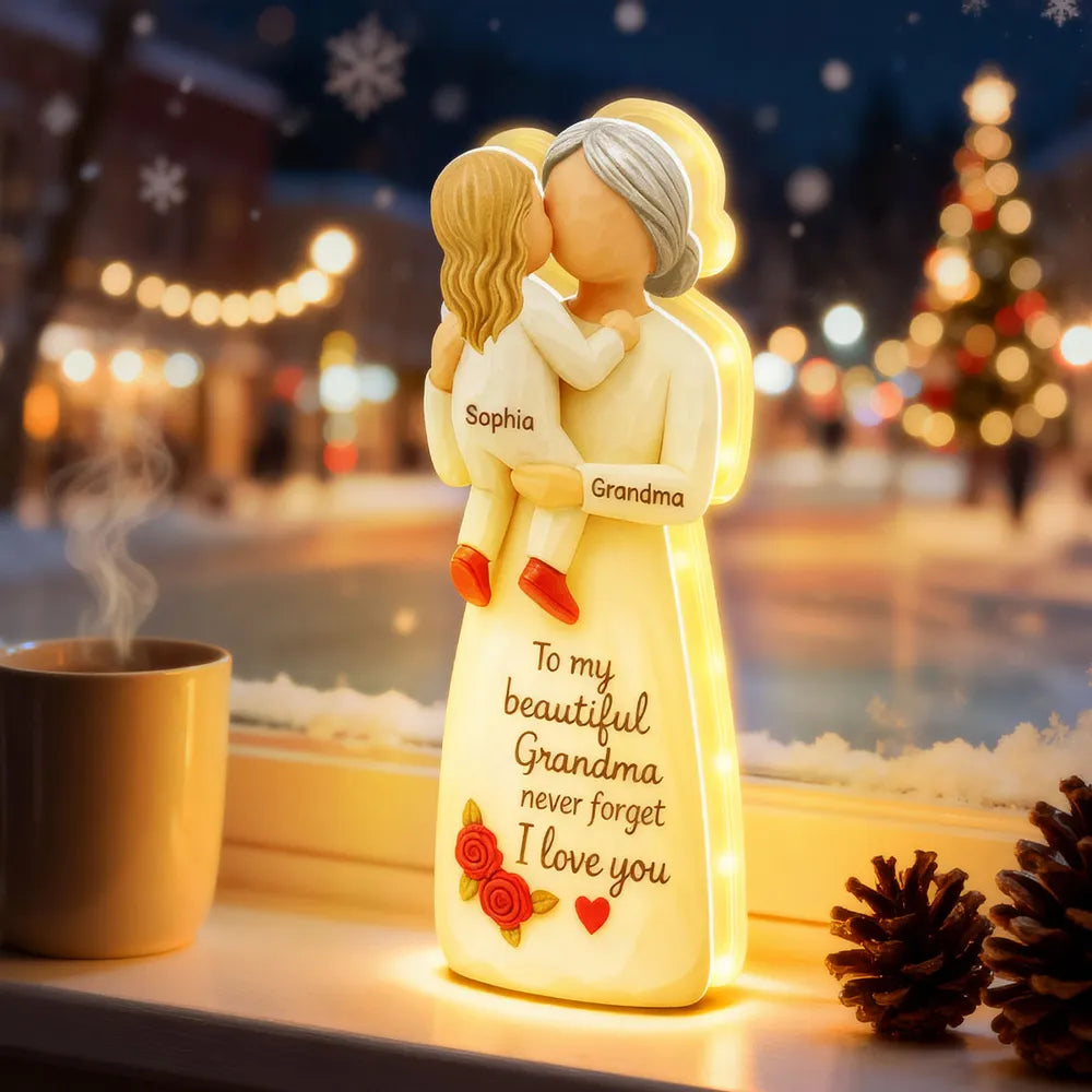 Acrylic Light Box, Hugging Grandma & Grandchild, Warm Glow for Bedroom or Shelf, a unique gift with 'I love you'