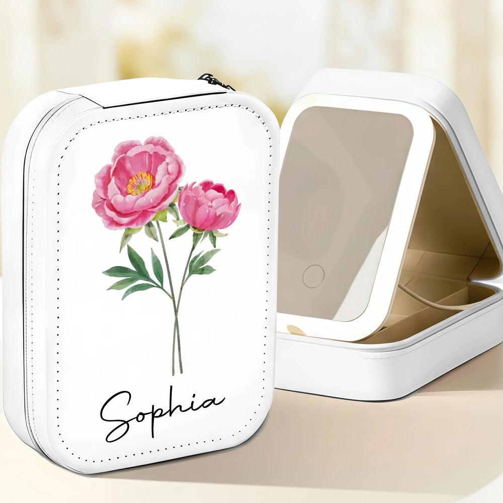 Leather LED Makeup Case With Birth Month Flower Art, Portable Lighted Mirror, Unique Gift For Her