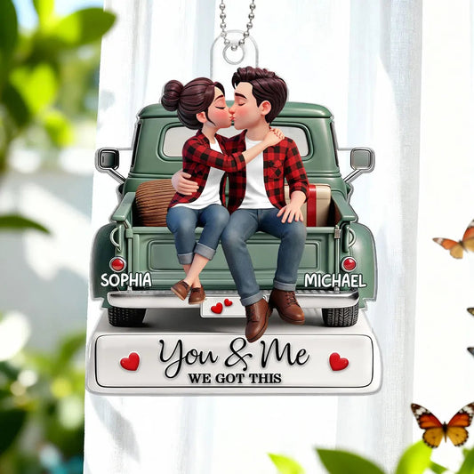 Personalized Acrylic Car Hanger Couple Kissing on a Truck, You & Me We Got This Mirror Decor, Unique Gift