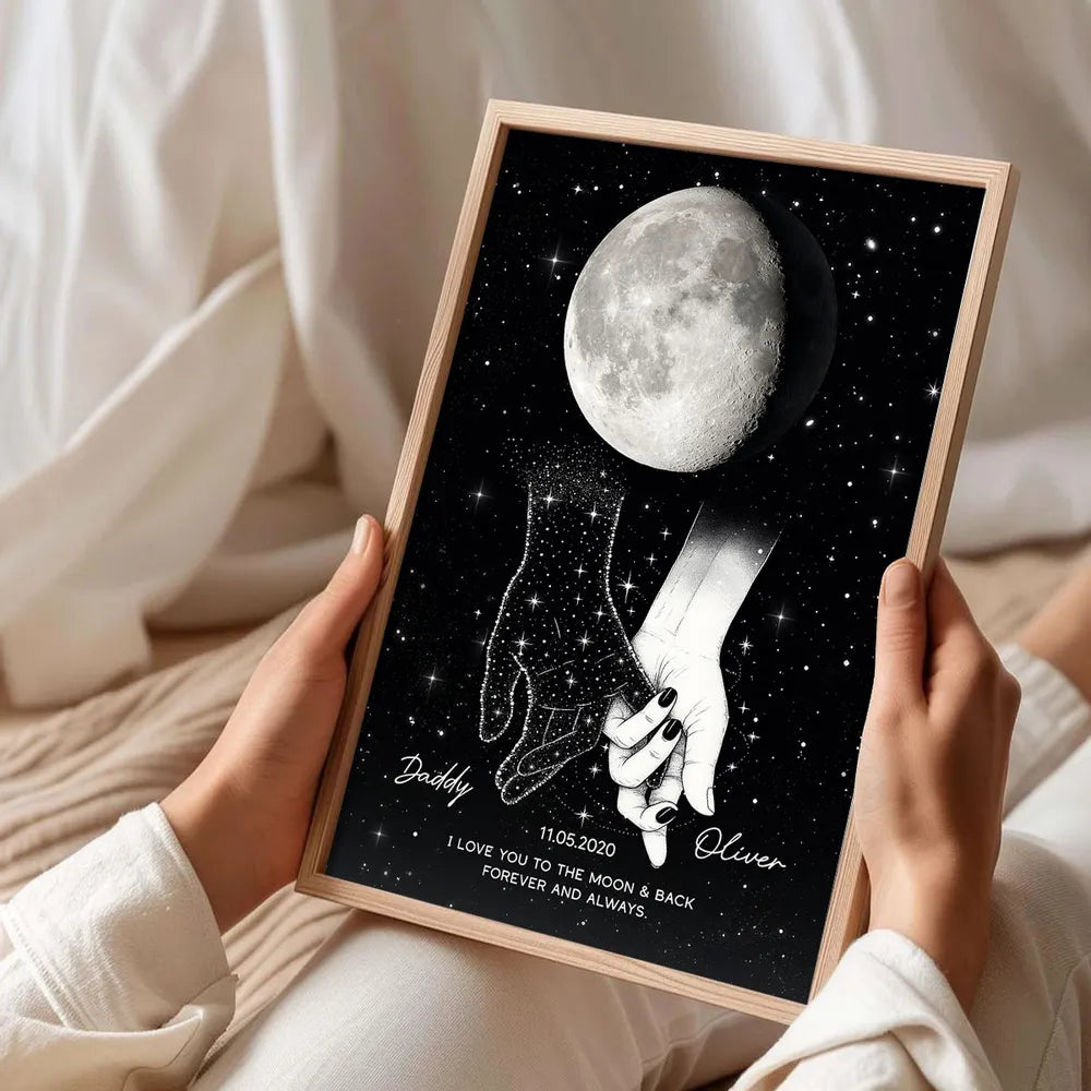 Holding Hands Under The Moon Poster, Personalized Remembrance Wall Art, A Meaningful Gift For Someone You Miss