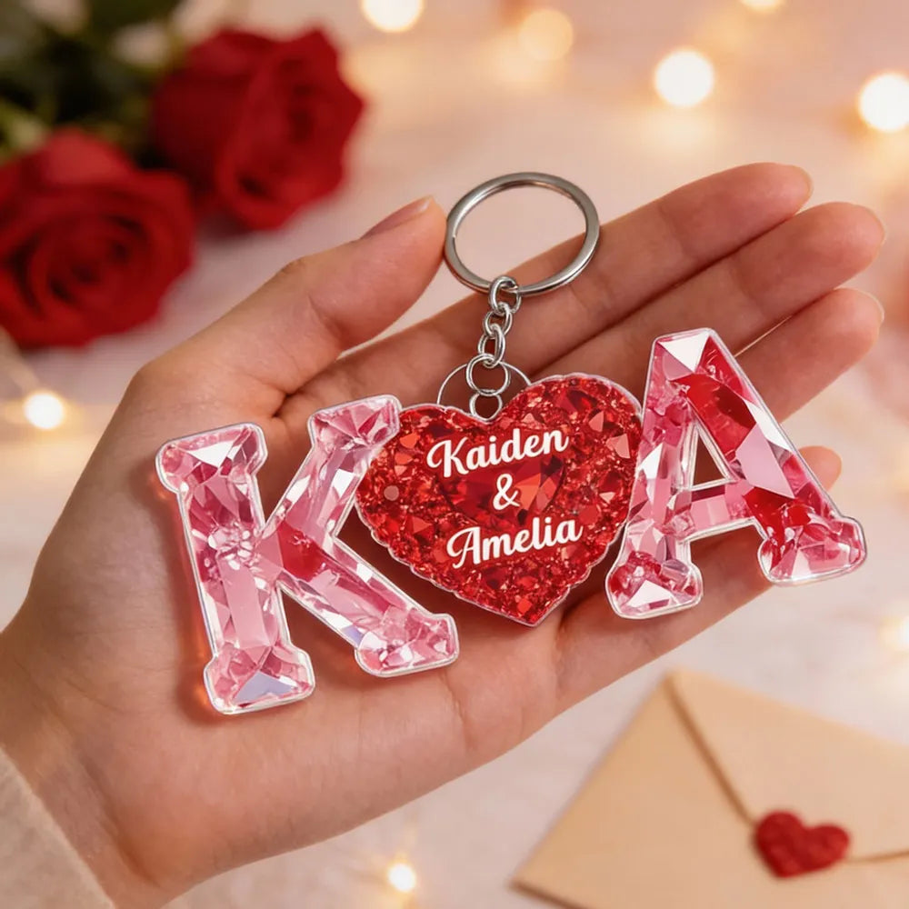 Personalized Heart Keychain with Initials and Names, Romantic Red Sparkle Anniversary Gift for Couples
