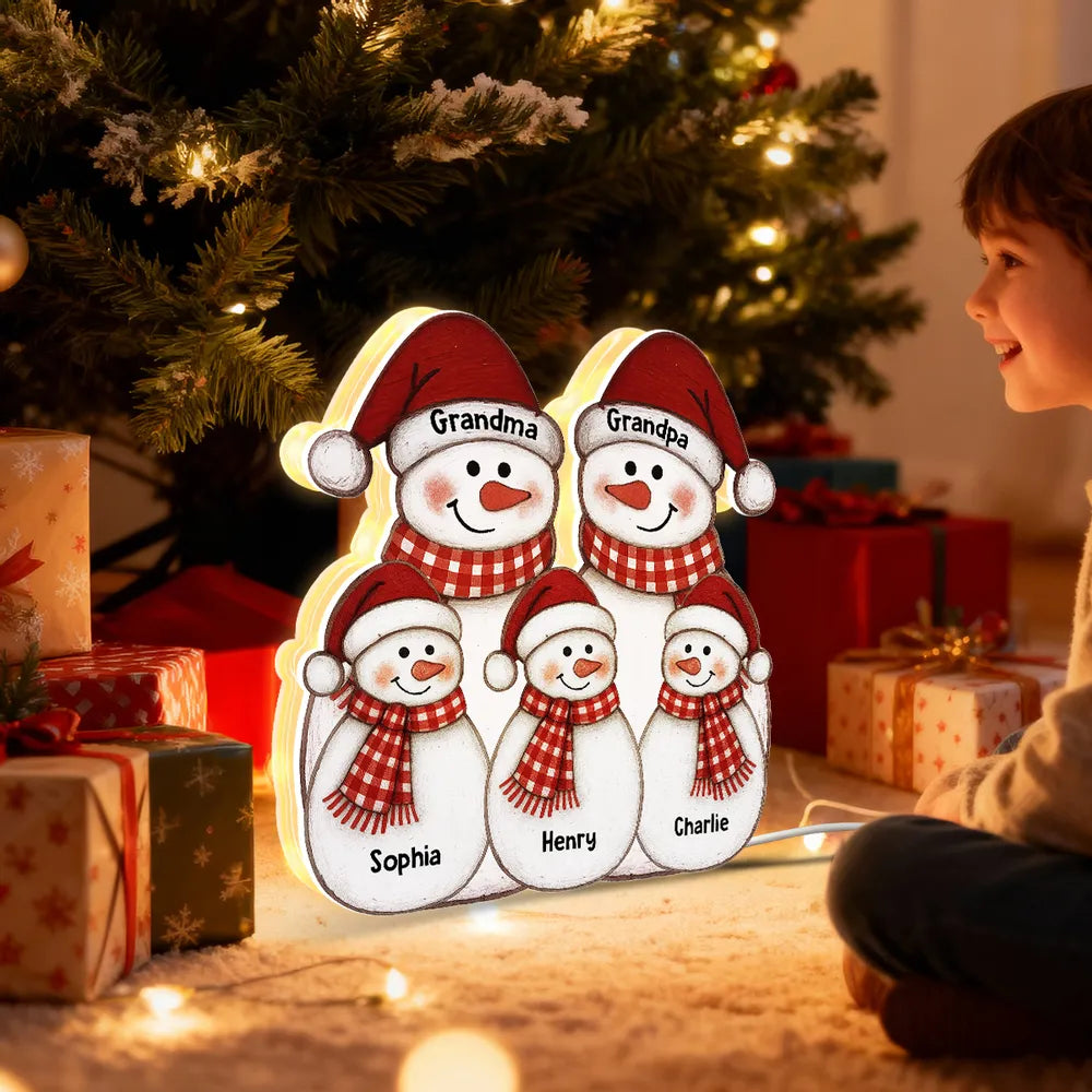 Acrylic Light Box with Folk-Art Snowman Family, Christmas decor, warm glow, unique personalized gift for Grandparents