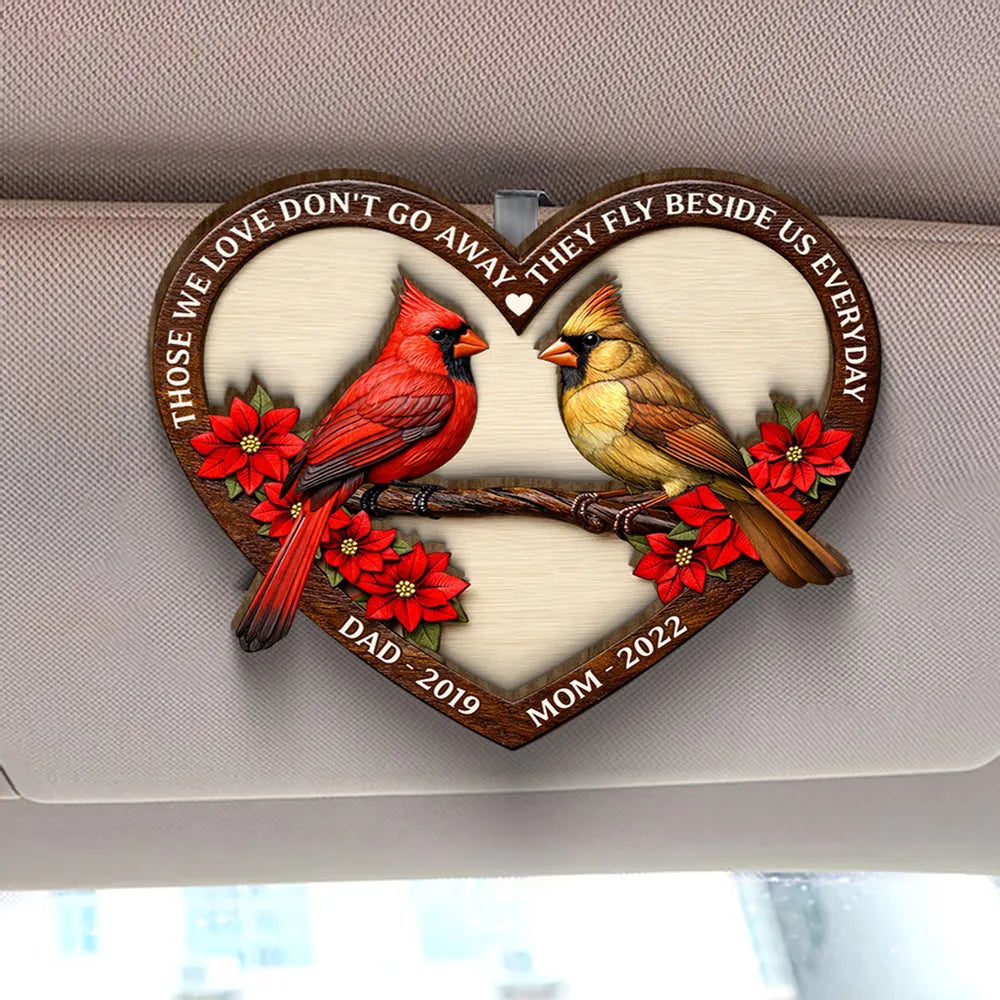 Personalized 2-Layer Wooden Car Visor Clip with Memorial Cardinal in Heart Frame, Unique Sympathy Gift for Loved One
