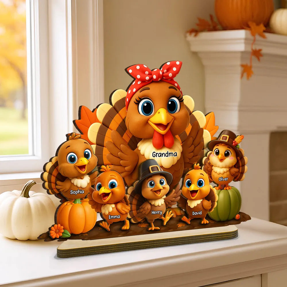 Fall Season Wooden Plaque with Adorable Turkey Family Artwork, Cozy Décor, Perfect Gift for Grandma