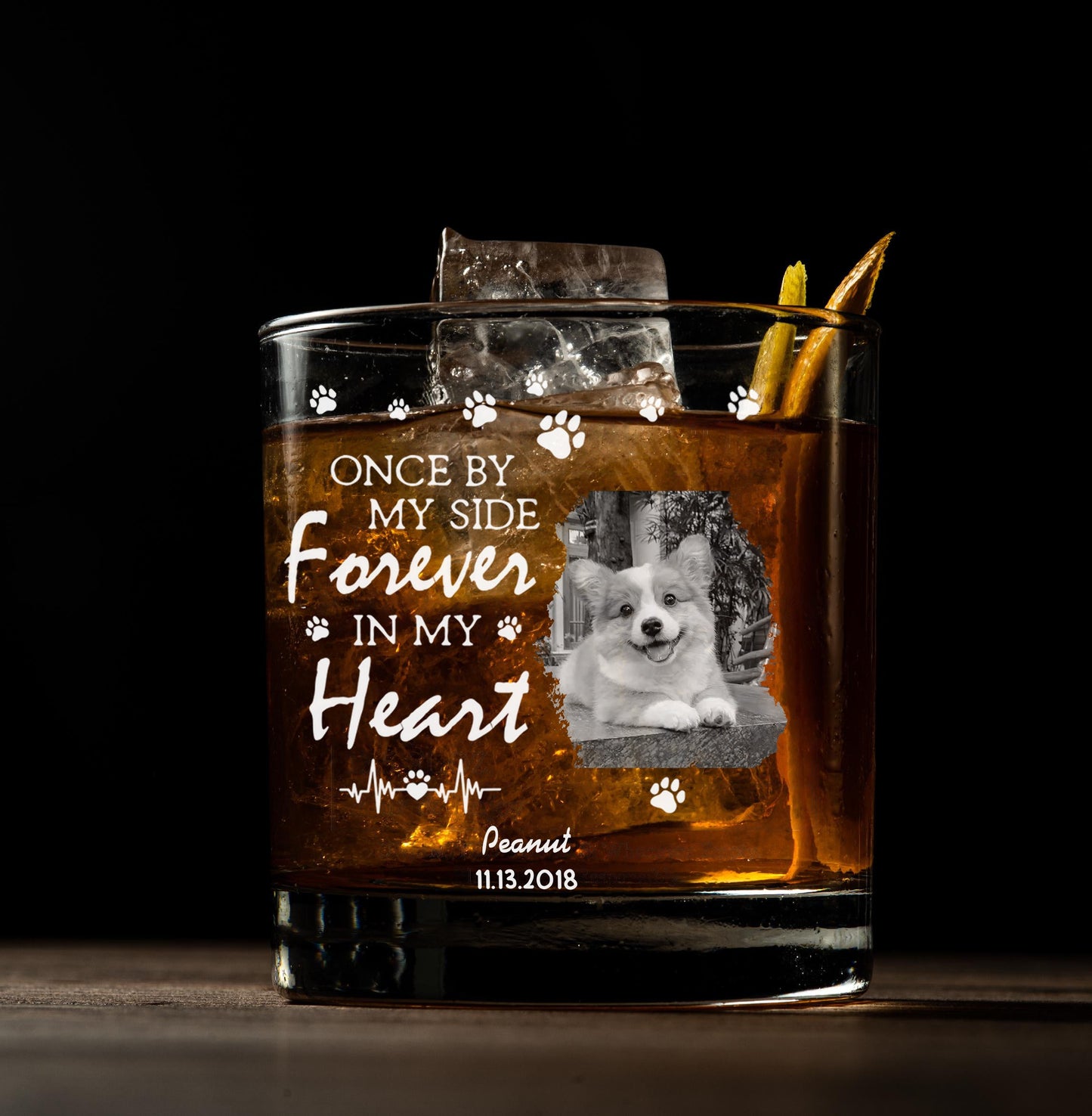 Personalized Pet Memorial Whiskey Glsses, "Forever in My Heart" Custom Keepsake with Photo and Name