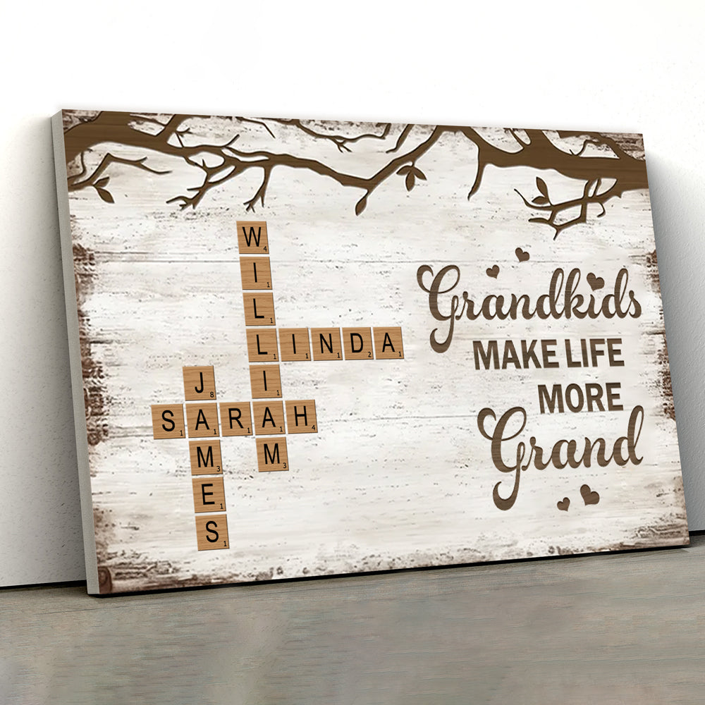 Personalized Family Poster – Grandkids Make Life More Grand – Custom Scrabble-Inspired Poster with Family Names