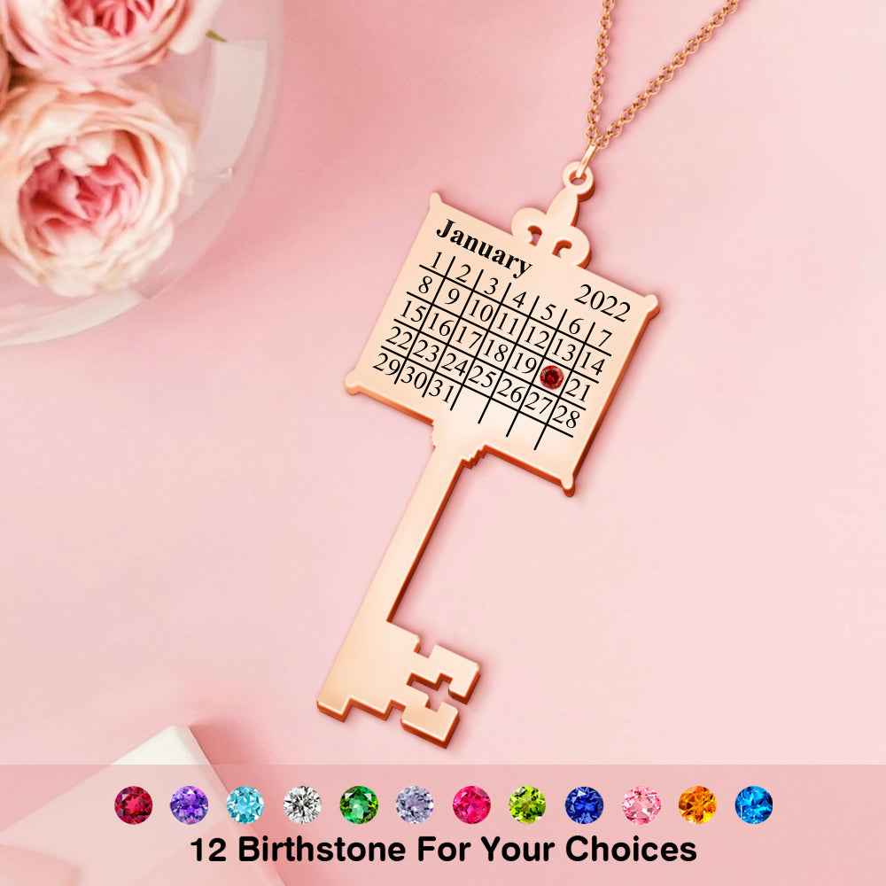 Key Calendar Charm - Personalized Key Birthday Calendar Necklace