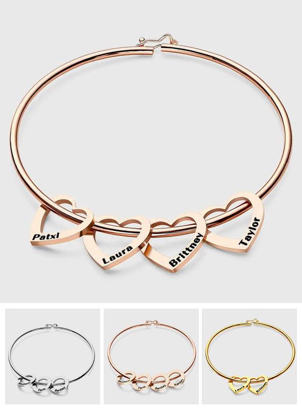 Any Name - Personalized Family Bangle Bracelet with Heart/Round Pendants