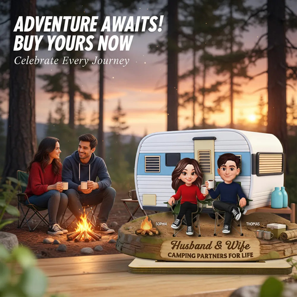 2-Layer Wooden Plaque Personalized for Husband & Wife, Cute Camper Scene Gift That Celebrates Partners for Life