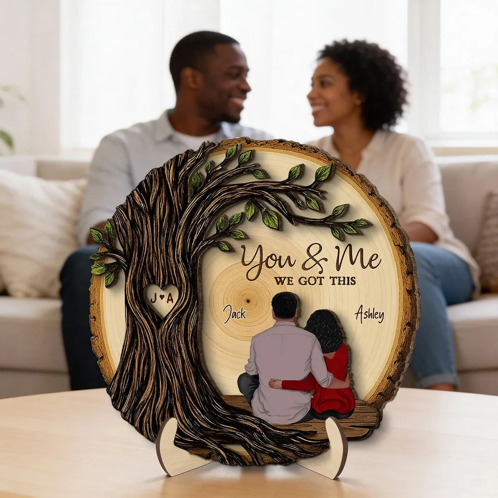 Personalized 2-Layer Wooden Plaque, Couple Sitting Back View Under Heart Tree, Unique Romantic Gift for Your & Me Moments