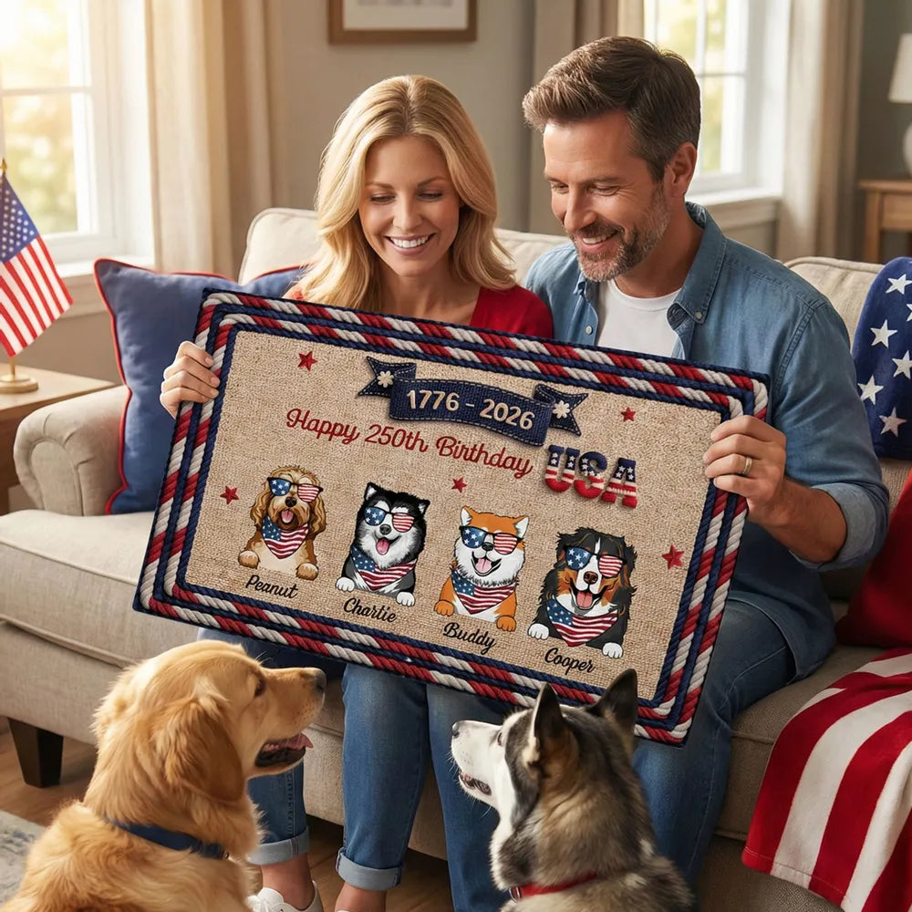 Personalized USA 250th Birthday Dog Standard Doormat for Entryway - Custom Pet Gift Idea with Patriotic Style