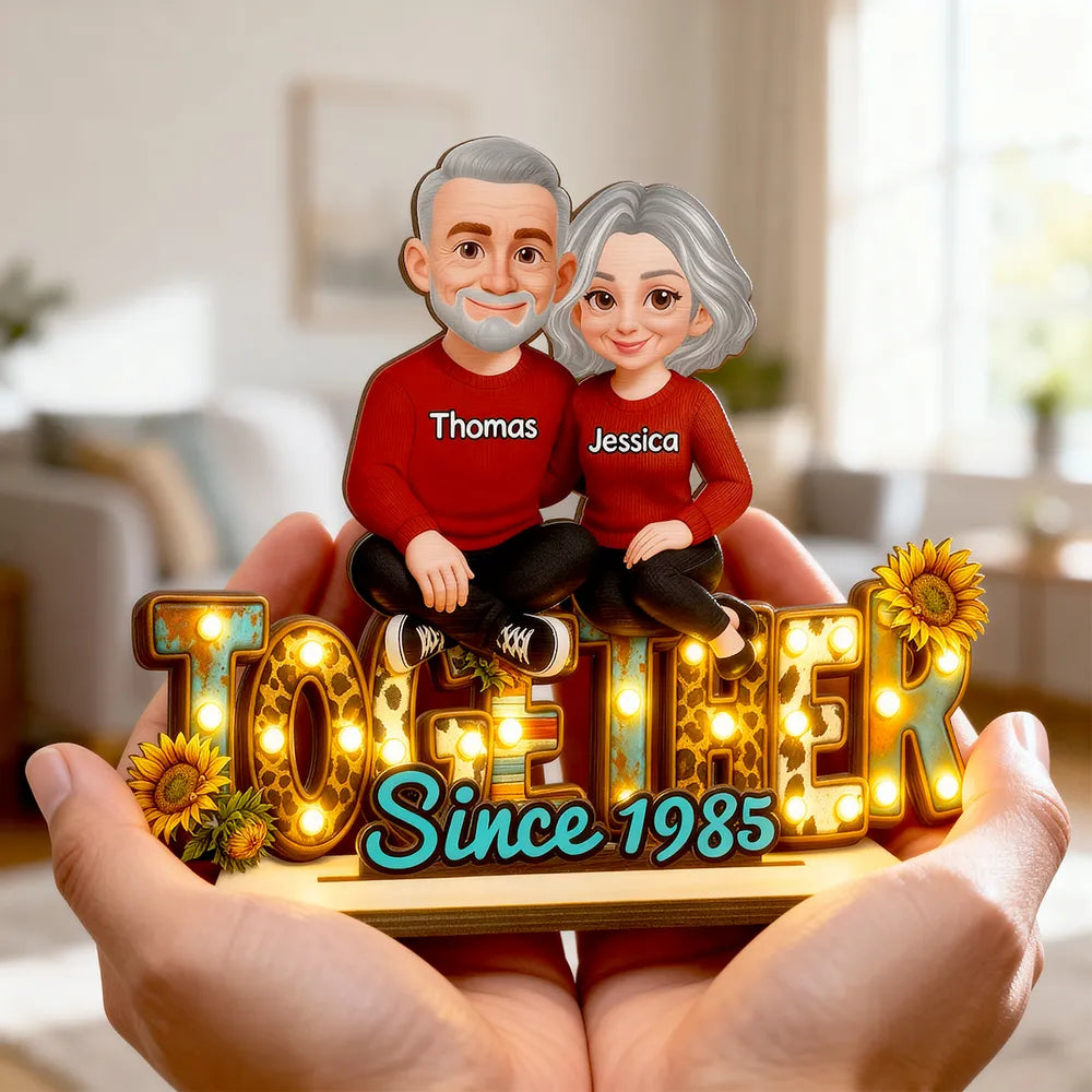 2-Layer Wooden Plaque with Cute Cartoon Couple Sitting Together, Sweet Home Decor Keepsake Gift