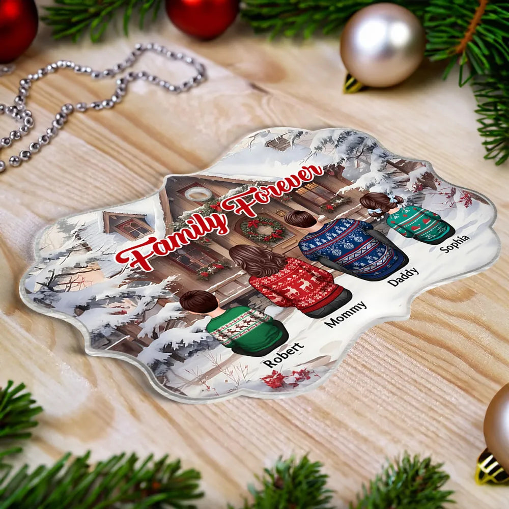 Snow House Back View Family Sitting Personalized Ornament or Poster or Plaque or Keychain