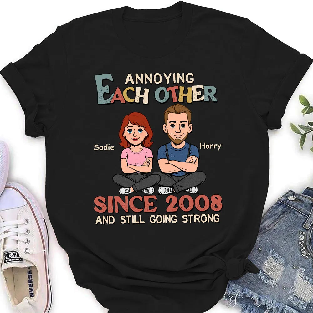 Personalized Classic Tee Funny Couple Cartoon Sitting Together Cute Gift for Husband or Wife Annoying Each Other Vibe