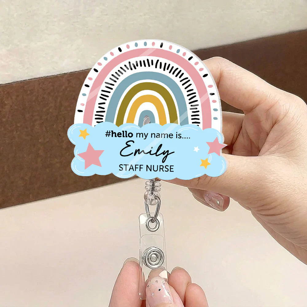 Hello My Name Is Acrylic Badge Reel With Rainbow And Stars - Personalized Nurse Gift For Workdays
