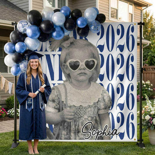 Personalized Graduation Backdrop Banner With Vintage Photo Look, Blue Class Celebration Decor, Unique Creative Gift